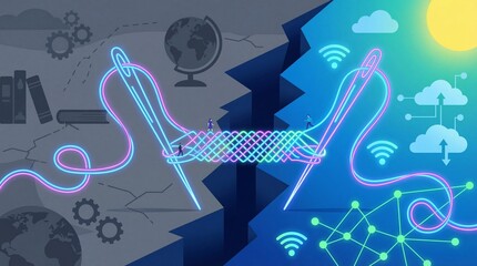 Vibrant neon illustration of people bridging technology gap