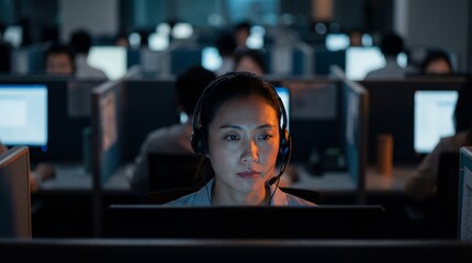 Dedicated professional is focused and working at a modern office environment. With focused gaze and wearing a headset, she is immersed in her task within an active office environment.
