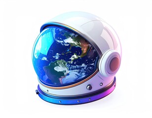 A futuristic space helmet reflects a stunning Earth view