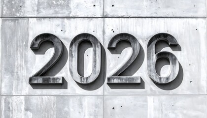 Realistic close up of the year 2026 carved into a weathered solid concrete wall featuring gritty textures and industrial urban aesthetics
