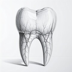 Detailed graphite drawing of a molar, showing inner veins, against a white backdrop