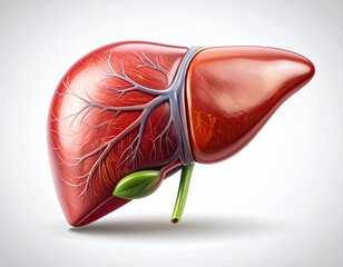 Vivid 3D rendering of a human liver with visible blood vessels and gallbladder