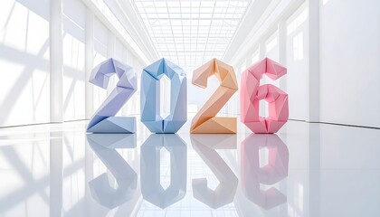 Surreal 3D illustration of the year 2026 created from colorful folded origami paper standing in a bright white minimalist futuristic hall with reflections