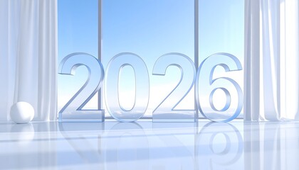 Ultra photorealistic 3D glass typography of 2026 reflecting sunlight on a polished floor in a modern penthouse interior with white curtains