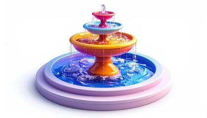 Colorful tiered fountain with cascading water, isolated on white