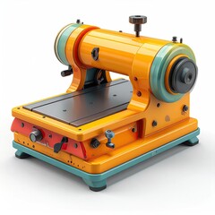 An orange and teal vintage sewing machine on a white background