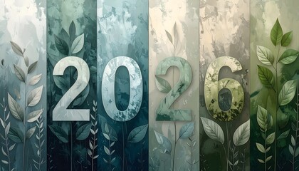 Embossed 3D botanical typography of 2026 layered over vertical panels featuring artistic green leaves and textured teal paint strokes for eco-friendly design