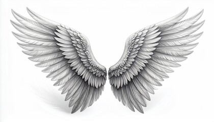 Two detailed, spread angel wings in grey tones, against a white backdrop