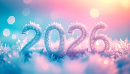Frosted crystal numbers for 2026 resting among delicate snowflakes and ice crystals with a soft pink and blue bokeh background 