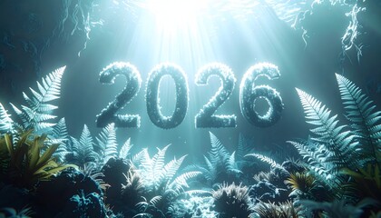 Ethereal 3D aquatic typography for 2026 glowing with bioluminescent light underwater among dark blue ferns and deep-sea vegetation