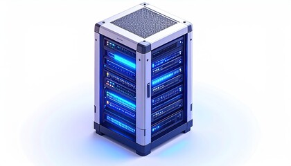 Futuristic server rack, emitting blue light, against a white background
