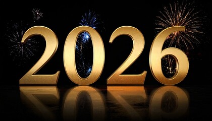Gold 2026 text with fireworks in a celebratory dark background