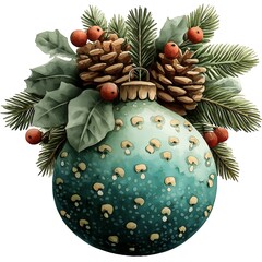 Decorative Teal Christmas Bauble with Patterned Texture Pine Cones and Fir Branches