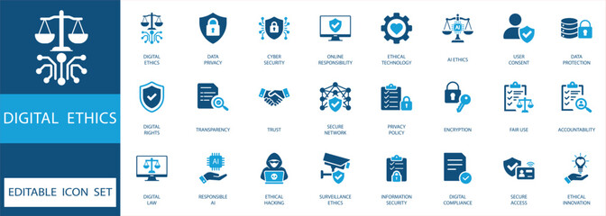 Digital ethics and AI governance icon set. Professional symbols for cyber security, data privacy, responsible artificial intelligence, transparency, and online safety.