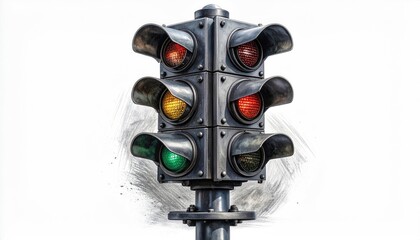 Metal traffic signal displays red, yellow, and green lights