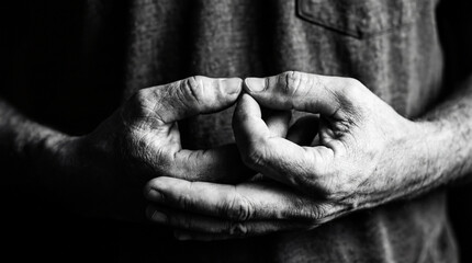A serene black and white capture showcases hands in a meditative mudra. conveying stillness, mindfulness, and inner peace.  