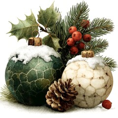 Christmas Still Life with Vintage Textured Baubles Pine Branches and Holly Berries on White Background