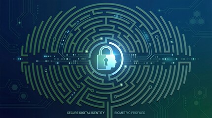 Secure digital identity concept with biometric lock in circuit maze