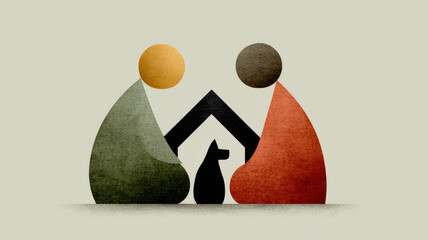 Abstract illustration of a family with a cat under a roof.