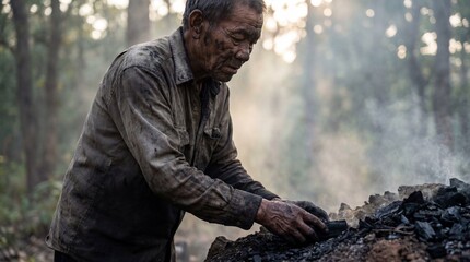 An older worker in a field, the picture shows a worker in his working environment, performing tasks, covered in mud and dirty working.