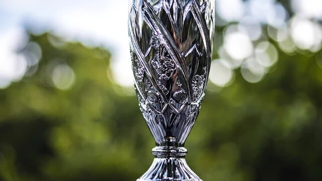 Close-up of ornate, silver trophy set on black base against blurred green foliage