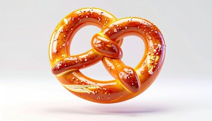 Golden baked pretzel with coarse salt sparkles on a bright white background