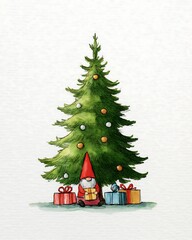 Cute Christmas Gnome Sitting under Decorated Pine Tree with Gift Boxes Watercolor Illustration
