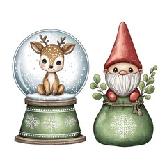 Christmas Character Set with Cute Fawn in Snow Globe and Garden Gnome in Green Sack