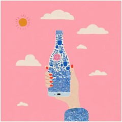 Una mano sosteniendo una botella con un dise&ntilde;o inspirado en la naturaleza.