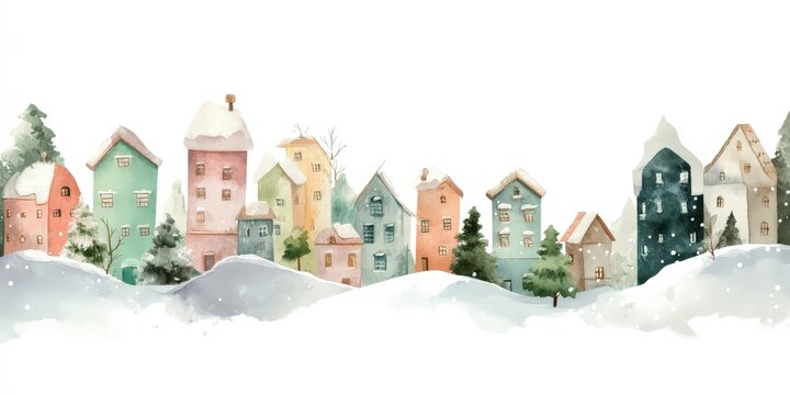 Una encantadora ilustraci&oacute;n acuarela de un pueblo nevado con casas de colores vibrantes.