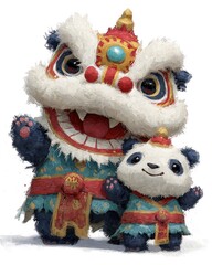 Cute Panda Characters Dressed in Traditional Chinese Lion Dance Costumes for Lunar New Year Celebration