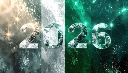 Glowing 3D crystalline number 2026 in emerald, green and white colors with sparkling diamond textures and light flares