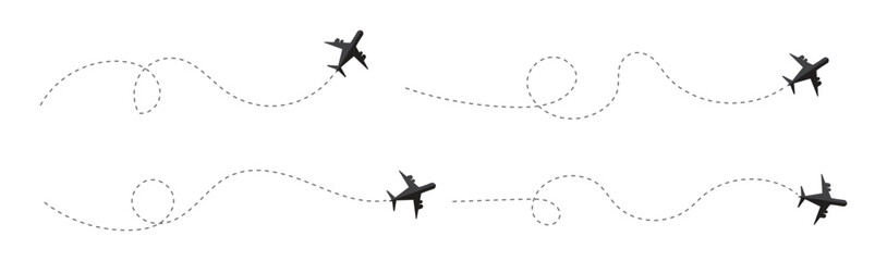 Flight path line airplane tracking routes. Line path of an airplane flight routes  dotted travel line and location pin. Airplane flight path with dotted travel line and location pin. © UniquePackages