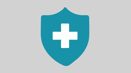 Fototapeta premium Teal shield icon with a white plus sign symbolizing safety and medical care