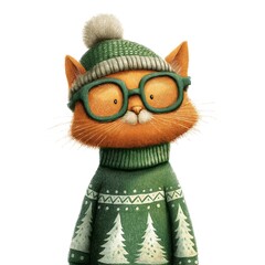 Cute Illustration of an Orange Cat Wearing Green Glasses Beanie and Christmas Tree Sweater