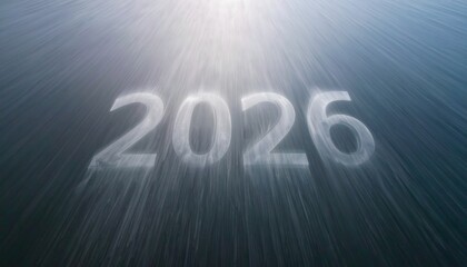 Minimalist 2026 calendar year design featuring liquid white lettering and fast speed light trails on water surface.