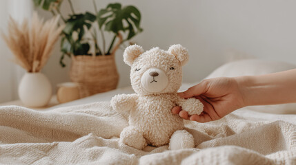清潔感のあるベッドの上に座る、白くて愛らしいもこもこのクマのぬいぐるみ。ぬいぐるみの隣には優しく添えられた手。背景にはモンステラの観葉植物やドライフラワー