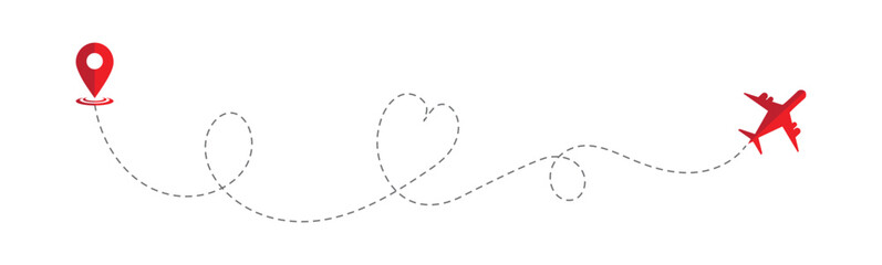 Love airplane route. heart dashed line trace and plane routes. multiple airplane travel routes and journey paths with dotted lines isolated vector illustration
