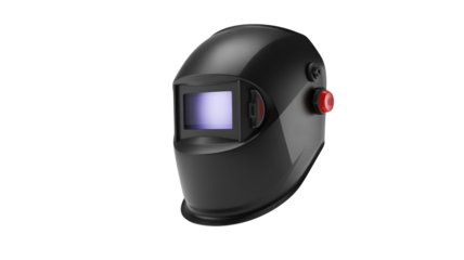 Black welding helmet on transparent background.