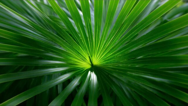 Dynamic Collection of Green Palm Leaves Fanned Out and Radiating Light