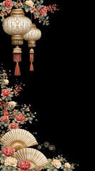 Vertical Lunar New Year Border with Elegant Beige Lanterns Paper Fans and Roses on Black Background