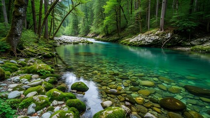 Serene Forest Stream with Clear Turquoise Water
