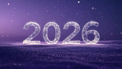 Magical 2026 typography made of sparkling white light particles on a velvet purple snowy field at night