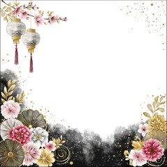 Lunar New Year Decorative Border with Hanging Lanterns Pink Blossoms and Paper Fans on White Background