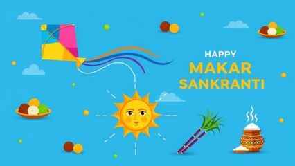Happy makar sankranti festival celebration with colorful kite, smiling sun, traditional sweets and sugarcane on blue background