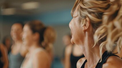 Active blonde woman ponytail fitness exercise workout group gym smiling promoting health awareness program community wellness joyful energetic sweaty