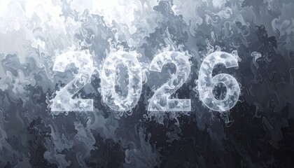 Ethereal 2026 typography made of swirling white vapor and layered smoke textures on a monochromatic gray background