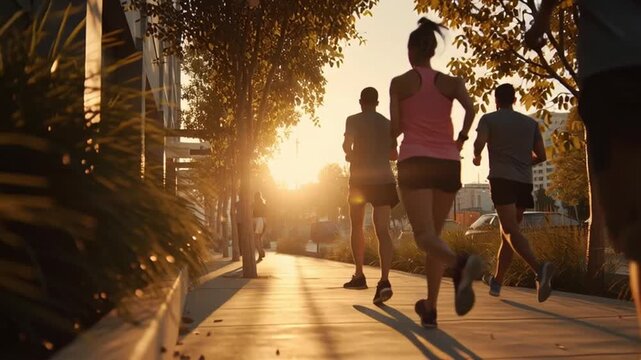 Early morning group jogger runners on urban sidewalk at sunrise promoting fitness health awareness program for community wellness