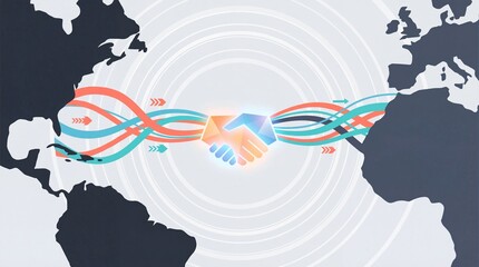 Global business partnership handshake on world map background