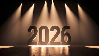 Theatrical 3D year 2026 typography illuminated by dramatic spotlights in a dark room for event premieres and awards